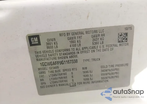 2016 Chevrolet Express 2500 Work Van z USA, uszkodzony, nr VIN 1GCWGAFF9G1167338